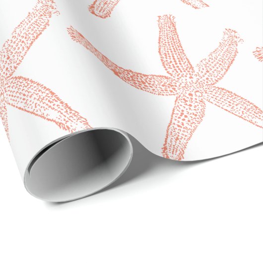 Papier Cadeau Starfish Motif Plage Côtier Coral rose Orange (Coin rond)