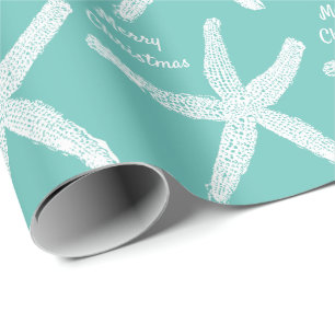 Papier Cadeau Starfish Motifs Turquoise White Beach Joyeux Noël