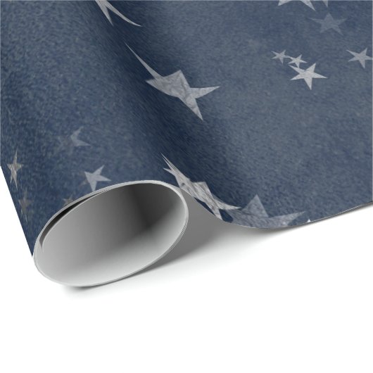 Papier Cadeau Starry Night Blue Navy Stars Grey Silver Confetti (Coin rond)