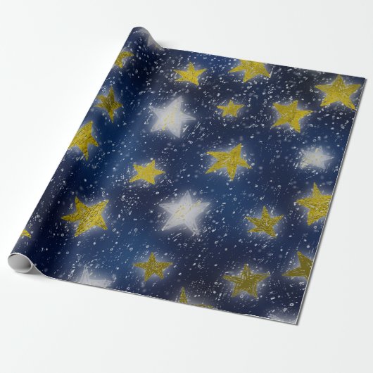 Papier Cadeau Stars Galaxy Sky Navy Blue Night Mustard Gold Fanc (Déroulé)