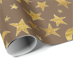 Papier Cadeau Stars Lune Bronze Maroon Or Métal Ciel Champaiment
