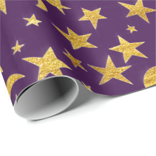 Papier Cadeau Stars Lune Ciel noir Ciel noir Or Violet Lavande