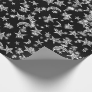 Papier Cadeau Stars Lune Étincelle Nuit Galaxie Noir Argent Gris