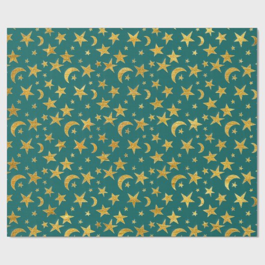 Papier Cadeau Stars Moon Black Sky Gold Turquoise Aquatique (Plat)