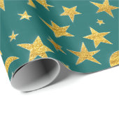 Papier Cadeau Stars Moon Black Sky Gold Turquoise Aquatique (Coin rond)