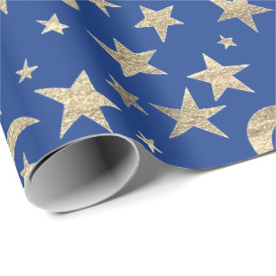 Papier Cadeau Stars Moon Blue Indigo Gold Metal Sky Champaiment