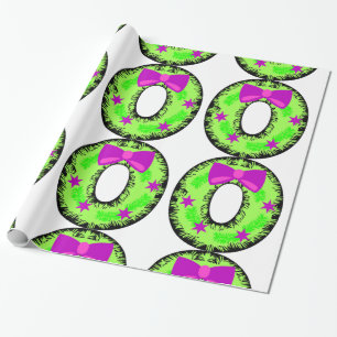 Papier Cadeau Stations de cabot rose et couronne de Noël vert