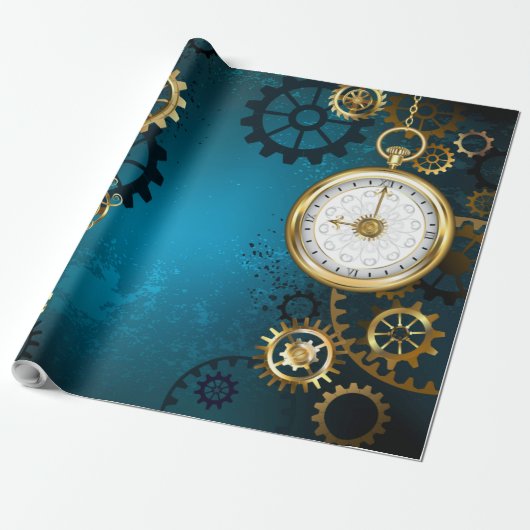 Papier Cadeau Steampunk Arrière - plan turquoise avec Gears (Déroulé)