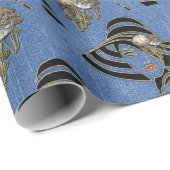 Papier Cadeau Steampunk avec Dames Casquettes sur Blue Denim (Coin rond)