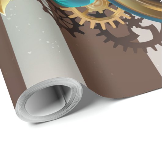 Papier Cadeau Steampunk Clock and Turquoise Roses on Striped (Coin rond)