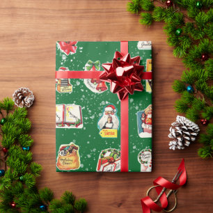 Papier Cadeau Stickers de Noël Retro Kitschy vintage sur Vert