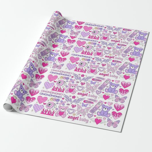 Papier Cadeau stickers rose glamour dans emo goth tendance 2000s (Déroulé)