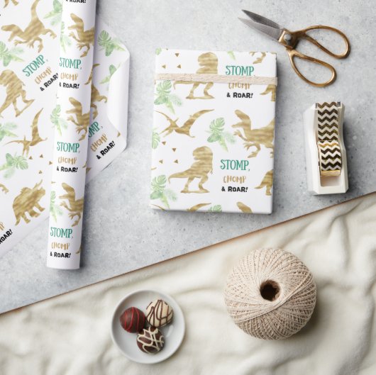 Papier Cadeau Stompe, Chompe et Rouler ! Élégant Dinosaure doré (Artisanat)