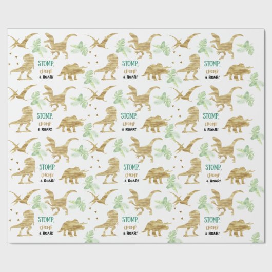 Papier Cadeau Stompe, Chompe et Rouler ! Élégant Dinosaure doré (Plat)