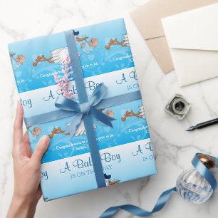 Papier Cadeau Stork avec un mignon petit bébé garçon