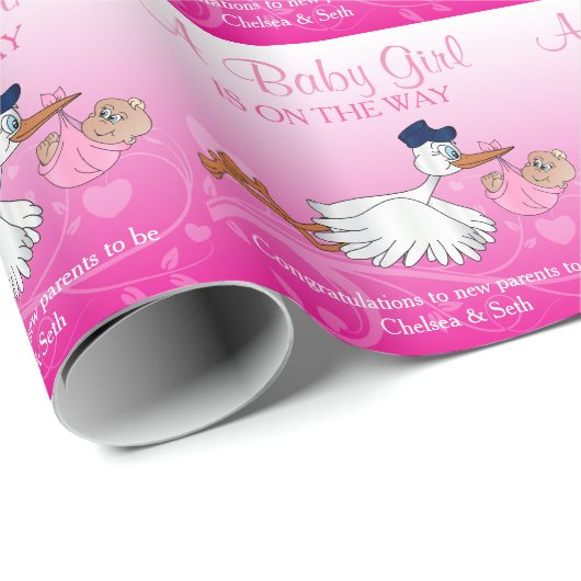 Papier Cadeau Stork avec une mignonne petite fille bébé (Coin rond)