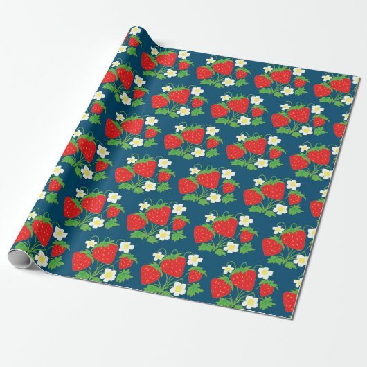 Papier Cadeau Strawberry and Flowers Pattern Blue (Déroulé)