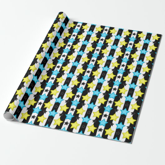 Papier Cadeau Striped Blue Yellow Stars Pattern Design  (Déroulé)