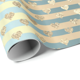 Papier Cadeau Stripes Lignes Coeurs Champaigne Gold Tiffany Aqua