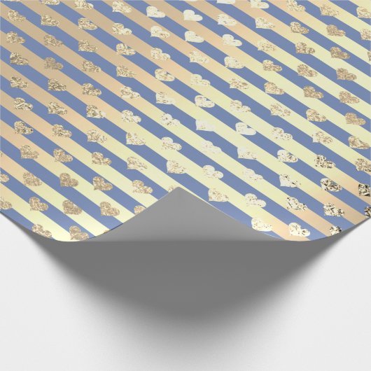 Papier Cadeau Stripes Lignes Coeurs Champaigne Or Bleu Bleu (Coin)