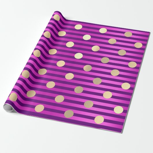 Papier Cadeau Stripes Line Fuchsia rose violet Pois or (Déroulé)