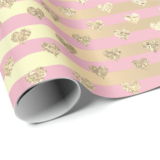Papier Cadeau Stripes Lines Coeurs Champaigne Gold Pink Pastel (Coin rond)