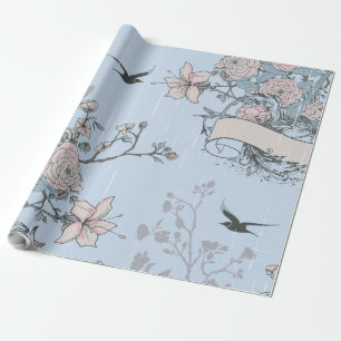 Papier Cadeau Style asiatique Pastel Pink Lys et Roses sur Blue
