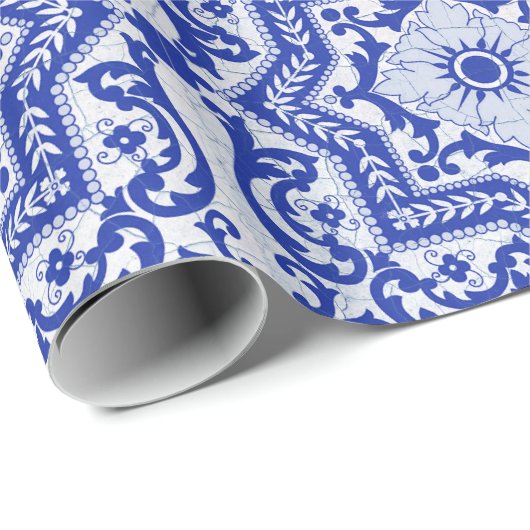 Papier Cadeau Style azulejo en céramique craquée bleue Azulejo V (Coin rond)