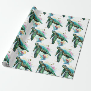 Papier Cadeau Style d'aquarelle sous-marine de tortue marine