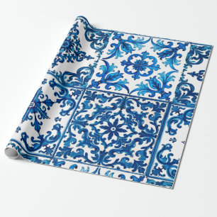 Papier Cadeau style italien, méditerranéen, mosaïque, bleu,