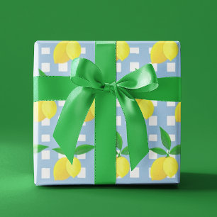 Papier Cadeau Style Prépa Rétro Jaunes Citrons Vérifié Bleu Blan