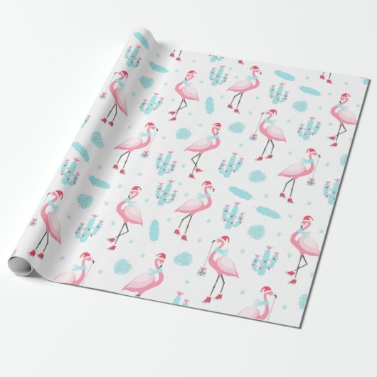Papier Cadeau Style Tropical Noël rose Flamant rose fille (Déroulé)