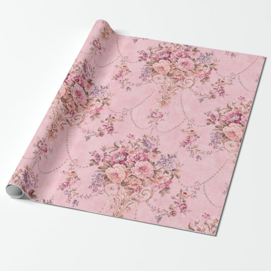 Papier Cadeau Style victorien rose français Découpage florale (Déroulé)