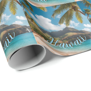Papier Cadeau Style Vintage Palmiers Bleus de Mer Hawaïen Ciel V