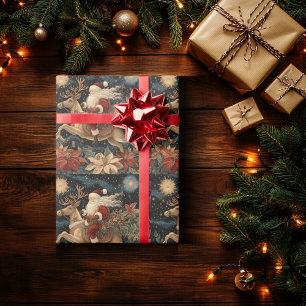 Papier Cadeau Style vintage Père Noël Riding Reindeer Design