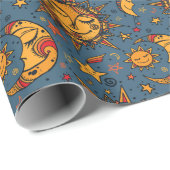 Papier Cadeau Stylisé Main Tirée Boho Sun Moon Stars Bleu (Coin rond)