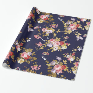 Papier Cadeau Stylish bleu marine or rose boho floral
