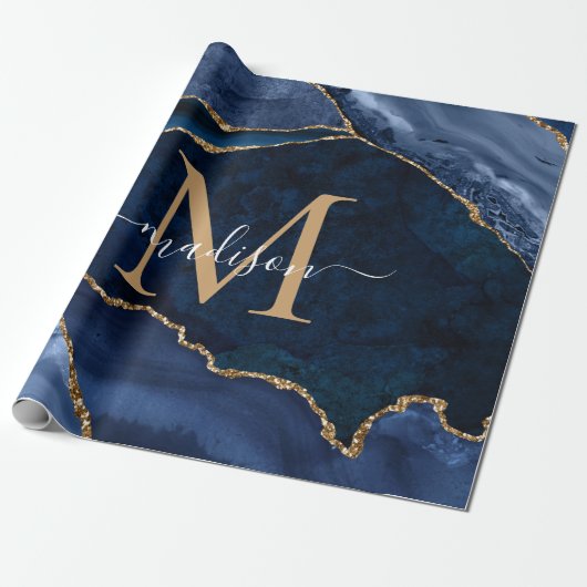 Papier Cadeau Stylo Marine Blue Gold Agate Géode Chic Monogramme (Déroulé)