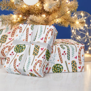 Papier Cadeau Sucre de canne de Noël, baies et sucreries