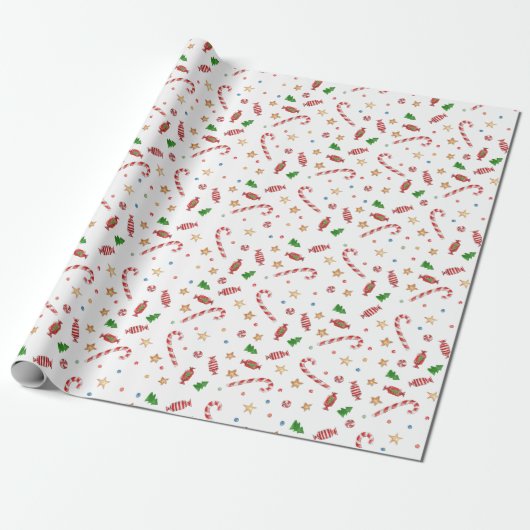 Papier Cadeau Sucre de canne de Noël Etoiles Aquarelle Vacances (Déroulé)