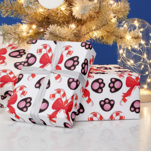 Papier Cadeau Sucre de canne de Noël rouge et rose Paniers anima