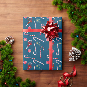 Papier Cadeau Sucre de canne rouge moderne Festive Noël bleu