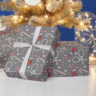 Papier Cadeau Sucre de canne rouge moderne Tennis Thème Noël gri