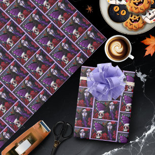 Papier Cadeau Sucre SKull Roses rouges violet
