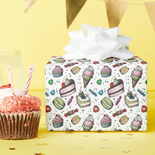 Papier Cadeau Sucreries Rétro - Blanc (Fête d'anniversaire)