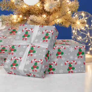 Papier Cadeau Sucres de canne de Noël, Holly et Snowflakes