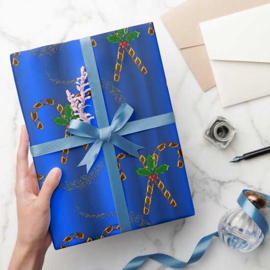 Papier Cadeau Sucres de canne d'or pour Noël bleu (Cadeaux)