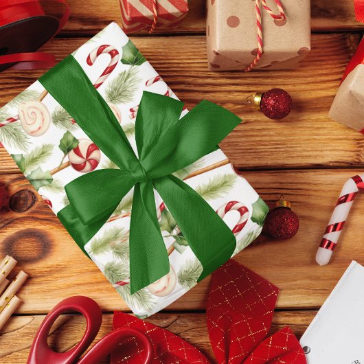 Papier Cadeau Sucres de canne doux et mignons et verdure de Noël