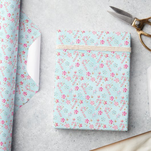 Papier Cadeau Sucres de canne roses et aqua Noël