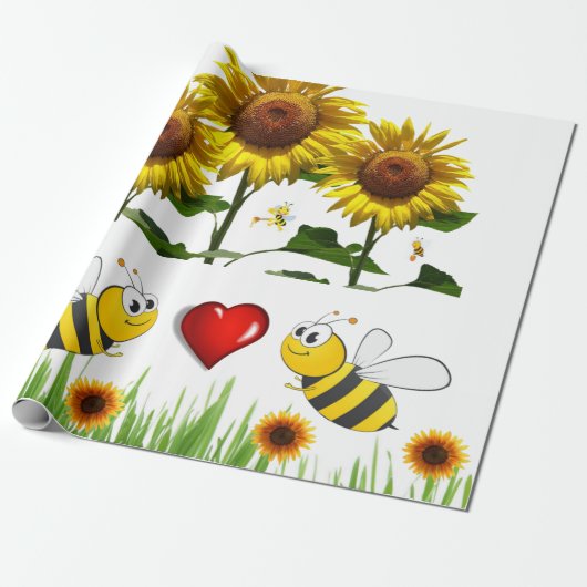 Papier Cadeau Sunflower Bumblebee Red HeartsPapier d'enveloppeme (Déroulé)